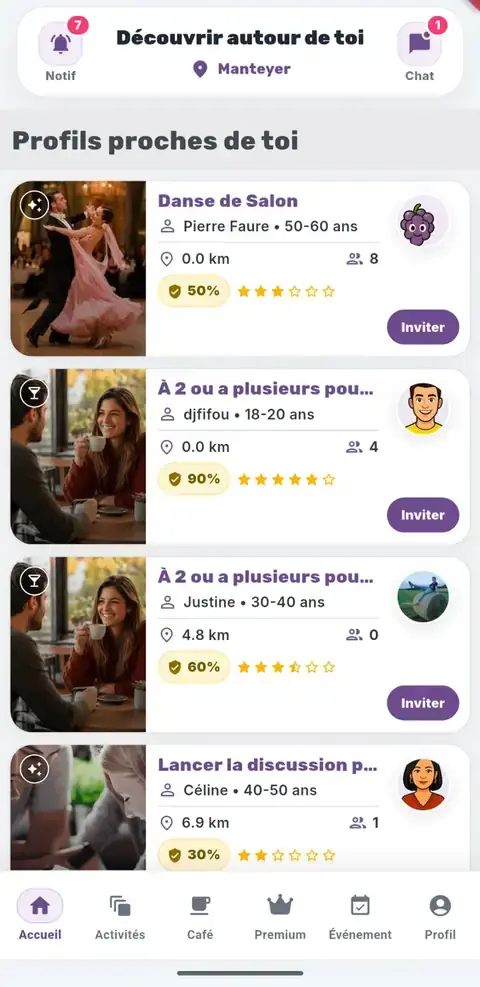 Écran Formeet affichant des profils proches pour organiser des rencontres amicales en PACA